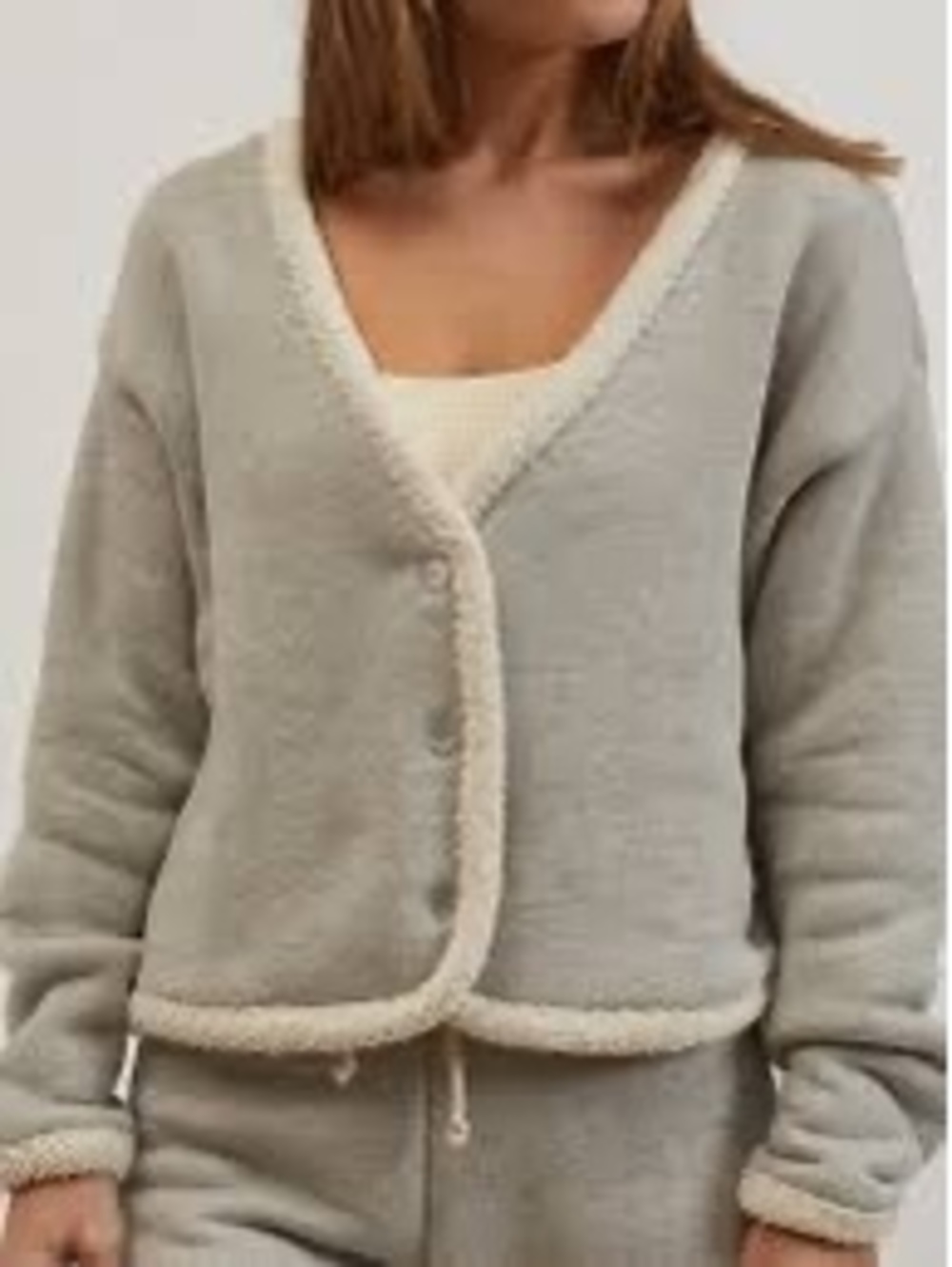DONNI Poodle Cardi Color Block Gray Cream Sherpa Trim Cardigan Size L